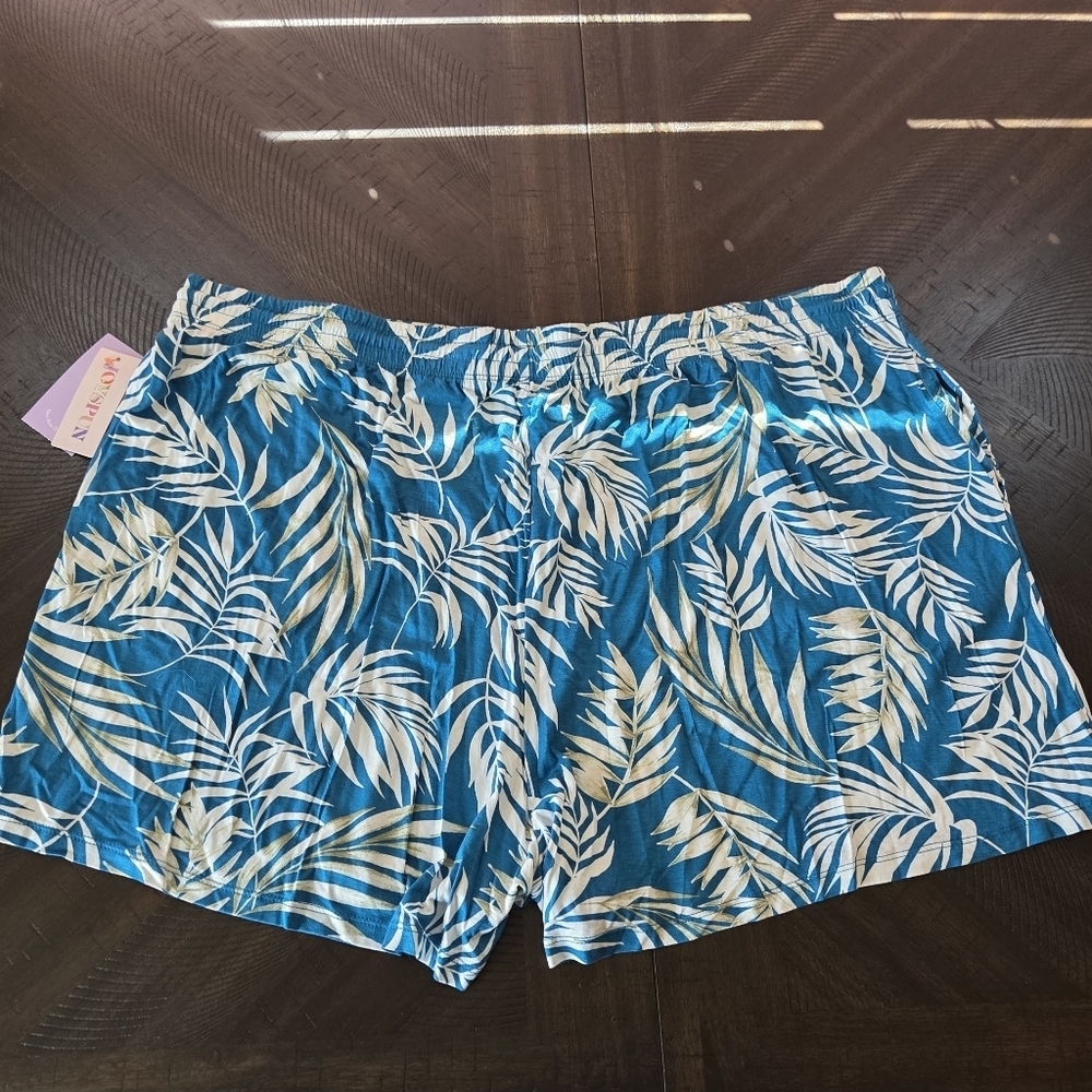 Blue & White Leaf Print Shorts Womens 3X Tropical Lightweight Beach New